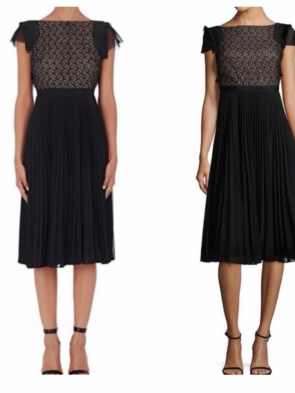 SALONI Black Pleated Midi Dress with Embellished Bodice and Flutter Sleeves